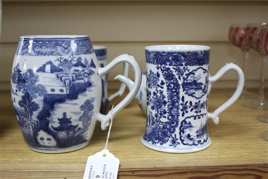 Three Chinese blue and white mugs, Qianlong period and a Chinese Imari teapot and cover, early 18th century tallest 15cm